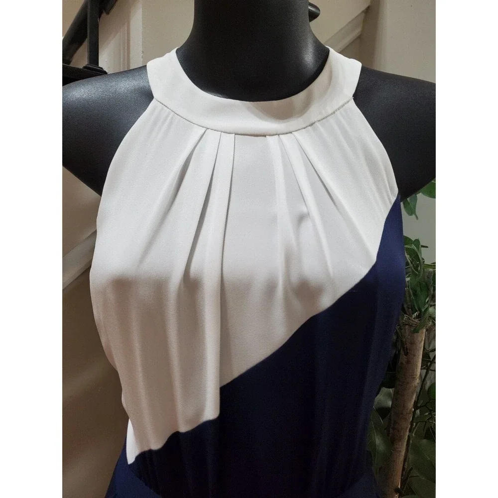 Shoshanna Blue & White Polyester Halter Sleeveless Long Maxi Dress Pockets 4 - Picture 2 of 15